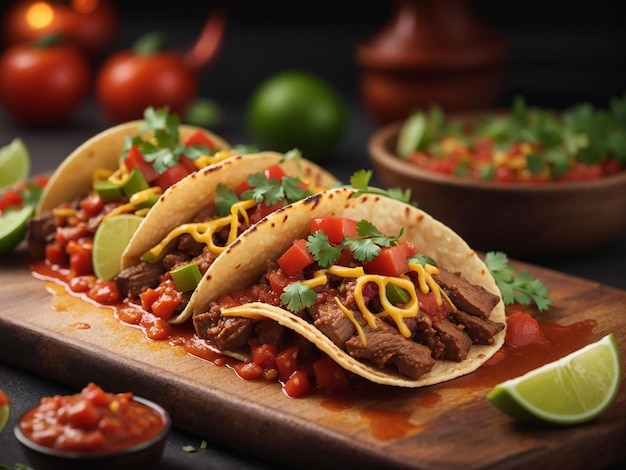 Mexikanische Tacos mit Rindfleisch in Tomatensauce und Salsa