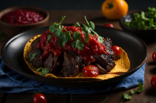 mexikanische Tacos mit Rindfleisch in Tomatensauce und Salsa