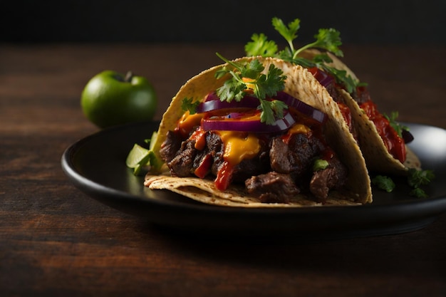 mexikanische Tacos mit Rindfleisch in Tomatensauce und Salsa