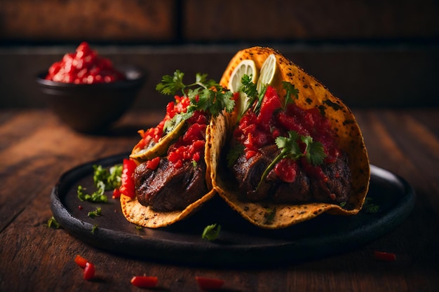 mexikanische Tacos mit Rindfleisch in Tomatensauce und Salsa