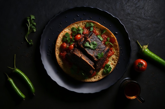 mexikanische Tacos mit Rindfleisch in Tomatensauce und Salsa