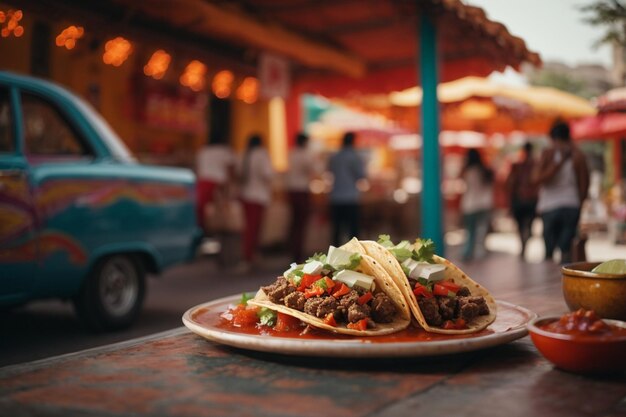 Foto mexikanische tacos mit rindfleisch in tomatensauce und salsa