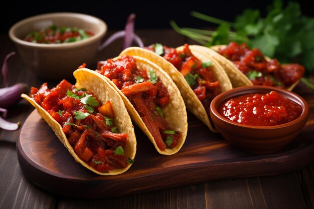 Mexikanische Tacos mit Rindfleisch in Tomatensauce und Salsa