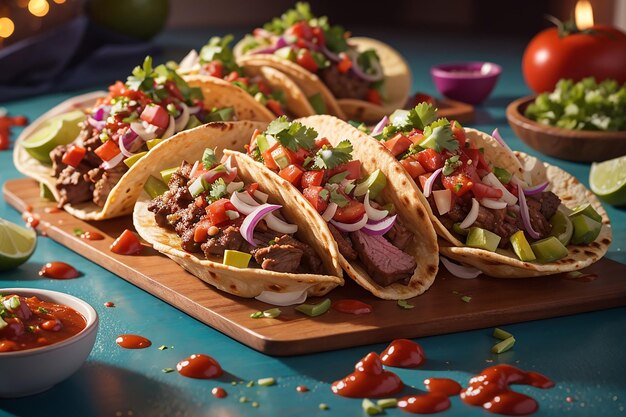 mexikanische Tacos mit Rindfleisch in Tomatensauce und SalsaTacos-Gemüse