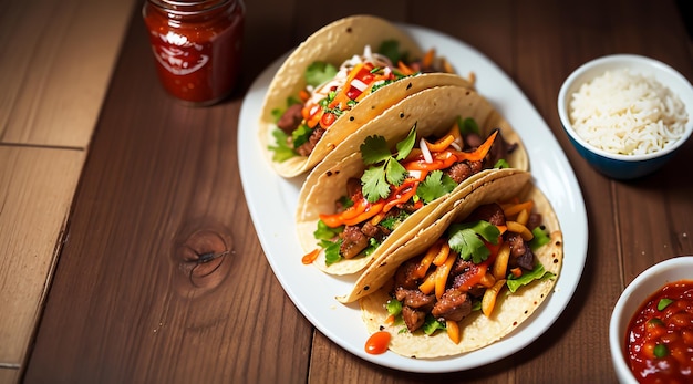 Mexikanische Tacos mit roter Chilisauce