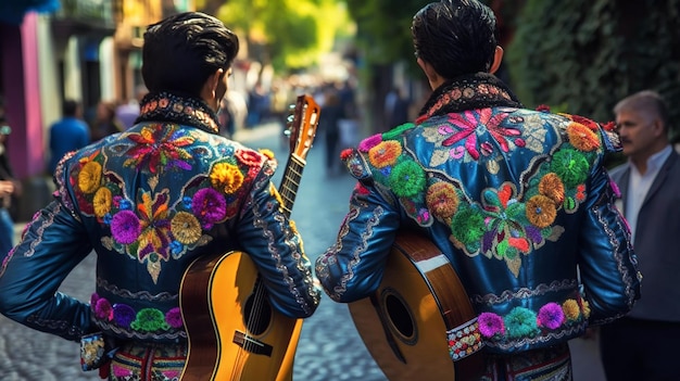 Mexikanische Unabhängigkeit Cinco de Mayo Mexikanische Männer, die traditionelle Mariachi-Kleidung tragen Generative KI