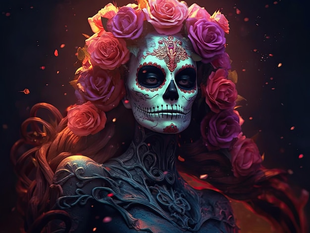 Mexikanischer Feiertag der Toten und Halloween Frau mit Zuckerschädel Make-up und Blumen