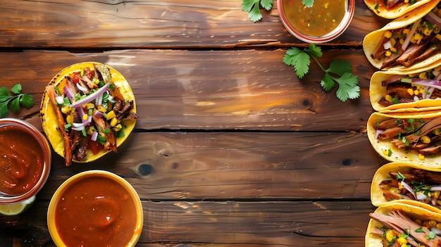 Mexikanischer Hintergrund mit Tacos al pastor und mexikanischen Saucen Gelber Holzgrund Generative KI