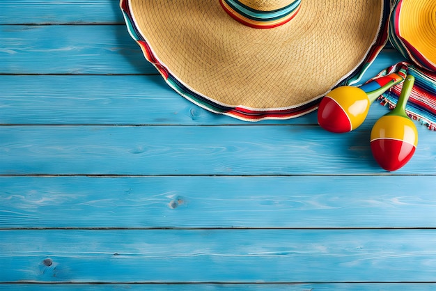 Mexikanischer Hintergrund Serape gestreifte Decke mit Sombrero Maracas auf blauem Holz Mexico cinco de mayo