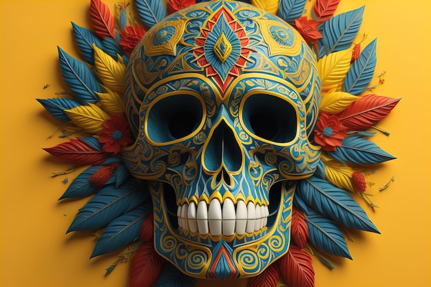 Mexikanischer Schädel mit bunten Federn auf gelbem Hintergrund generativ ai