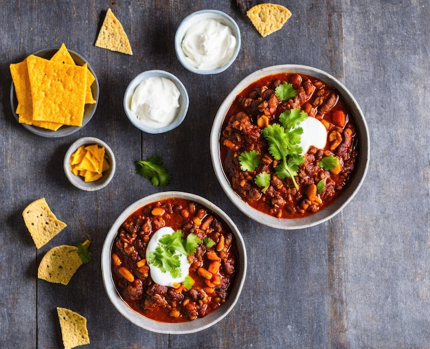 mexikanisches Con-Carne-Essen mit Fleischtomate und Salsa-Draufsicht