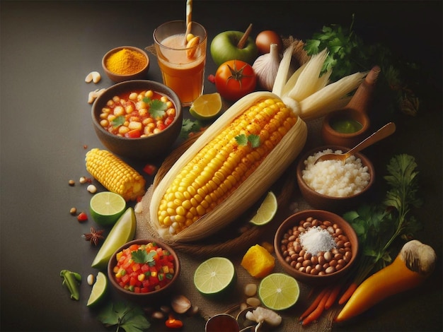 Foto mexikanisches essen elote mit einer vielzahl von zutaten, darunter mais, gemüse und obst