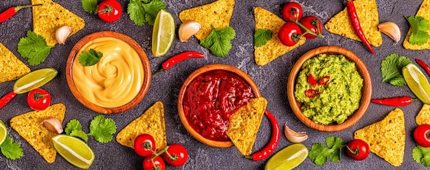 Mexikanisches Essen Hintergrund Guacamole Salsa Käsesaucen