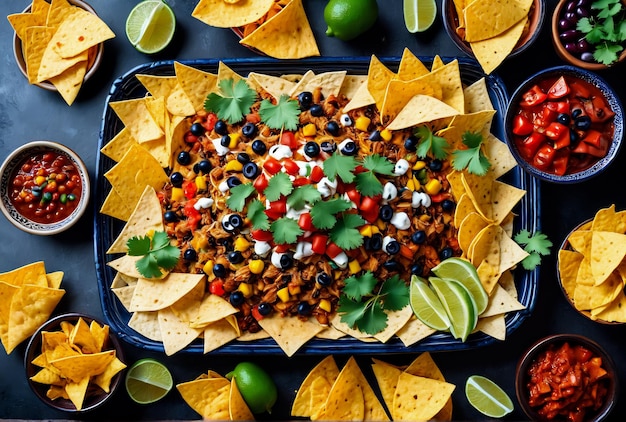 mexikanisches Essen Nacho Chips Soße Gemüse Oliven abstrakte Hintergrund