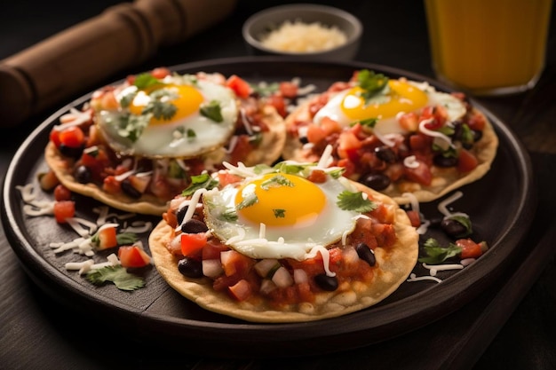 Mexikanisches Frühstück Tostadas mit Eiern Bohnen und Sa