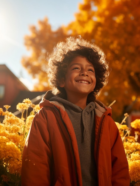 Mexikanisches Kind in emotionaler dynamischer Pose auf herbstlichem Hintergrund