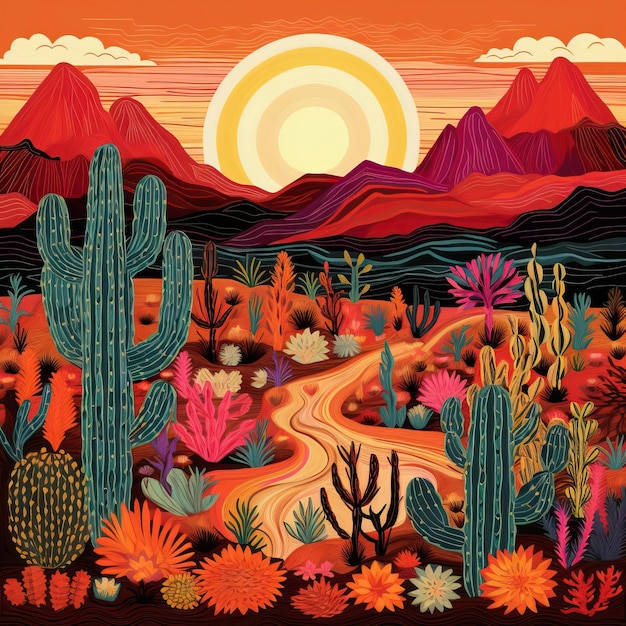 Mexikanisches Stickmotiv, das eine ruhige Wüstenlandschaft mit Kaktussen und Bergen darstellt