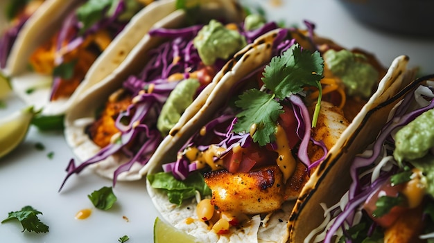 Mexikanisches Straßenessen und Poke-Tacos mit Gemüsesalat, Avocado und Fisch