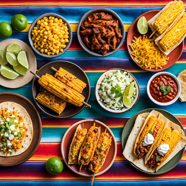 Mexikanisches Street Food Fiesta Farbige Tacos elote tamales auf einer festlichen Tischdecken