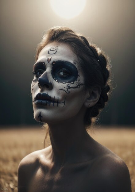 Mexikanisches Tag-der-Toten-Make-up-Foto, typisch für den mexikanischen religiösen Bestand von Dia de Los Muertos