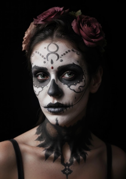 Mexikanisches Tag-der-Toten-Make-up-Foto, typisch für den mexikanischen religiösen Bestand von Dia de Los Muertos