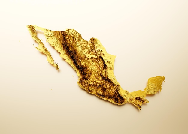 Mexiko-Karte Goldene Metallfarbe Höhenkarte auf weißem Hintergrund 3D-Darstellung