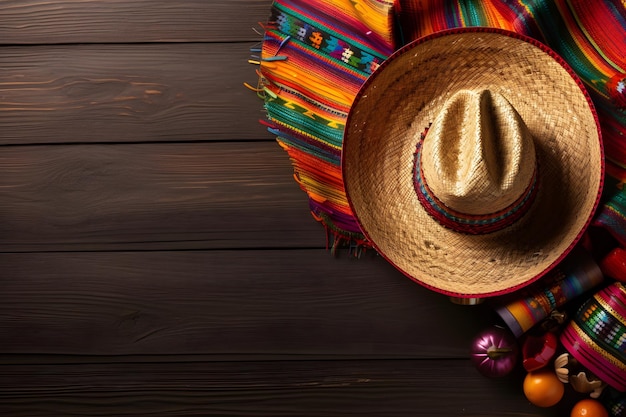 Mexiko-Sombrero und andere authentische Cinco de Mayo-Sachen. Holzhintergrund