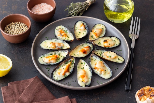Mexilhões assados com queijo e ervas Frutos do mar Alimentação saudável
