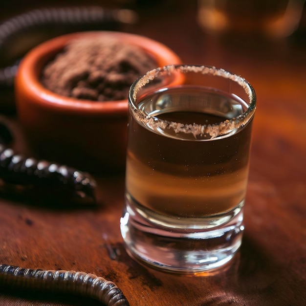 Mezcal Mexikanisches Getränk mit Wurmsalz auf Holztisch