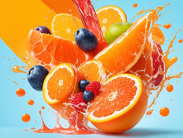 Mezcla abstracta de jugo de frutas con toques de fruta fresca en vibrantes tonos naranjas