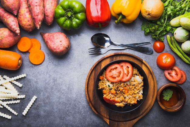 Mezcla de arroz frito con nutrición natural y verduras frescas sobre fondo de piso de cemento oscuro, concepto de alimentación limpia y buena comida saludable para el menú