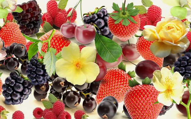 mezcla de bayas y frutas dulces, fresas, moras, uva, naranja, fondo de frambuesa