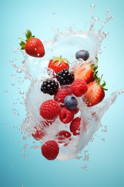 Mezcla de bayas voladoras con salpicaduras sobre fondo azul Concepto de fruta jugosa y refrescante