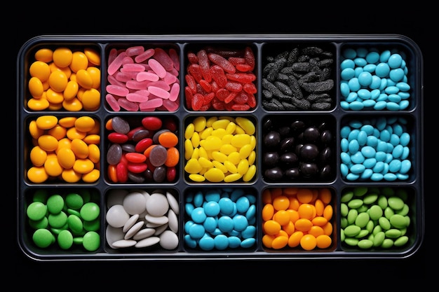 Mezcla de caramelos y dulces en caja Caramelos de malvaviscos Gragea Jalea de frutas Vista superior IA generativa