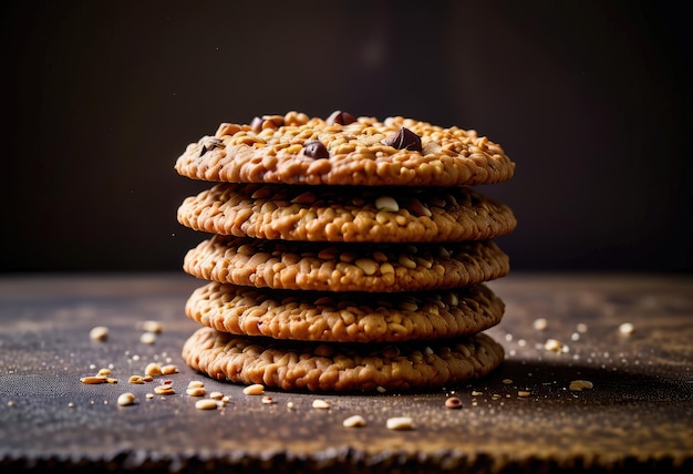 una mezcla de cereales con galletas de avena, galletas delgadas de chocolate, galletas crujientes de Anzac