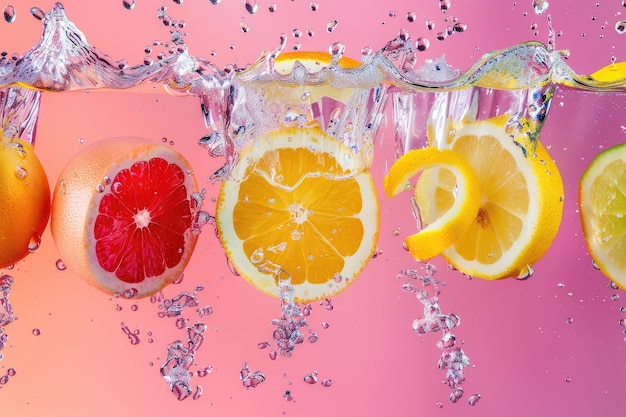 Foto mezcla de cítricos caídos en agua con salpicaduras aisladas en el fondo de color