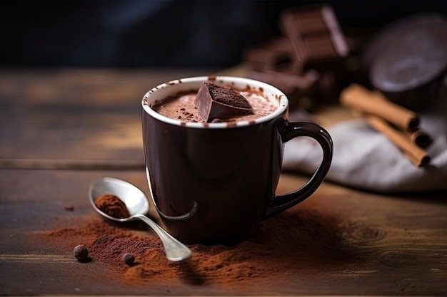 Mezcla de desayuno de chocolate caliente y cacao con canela y nuez moscada servido en taza