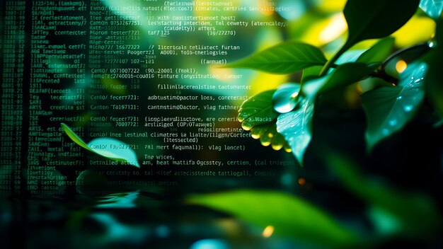 Una mezcla de elementos digitales y naturales como el código informático que se fusiona con patrones orgánicos como el