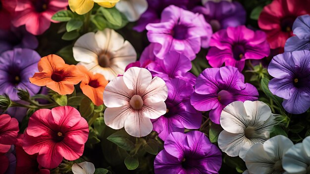 Mezcla floreciente de petunias multiflora en jardín de flores