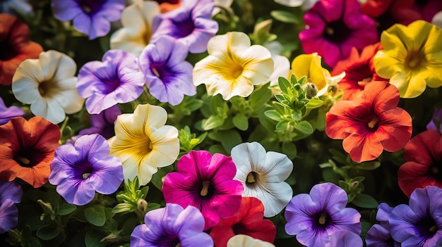 Mezcla floreciente de petunias multiflora en jardín de flores