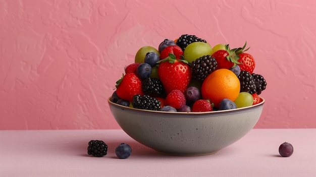 Una mezcla de fresas, moras, arándanos y uvas en un tazón rosa.