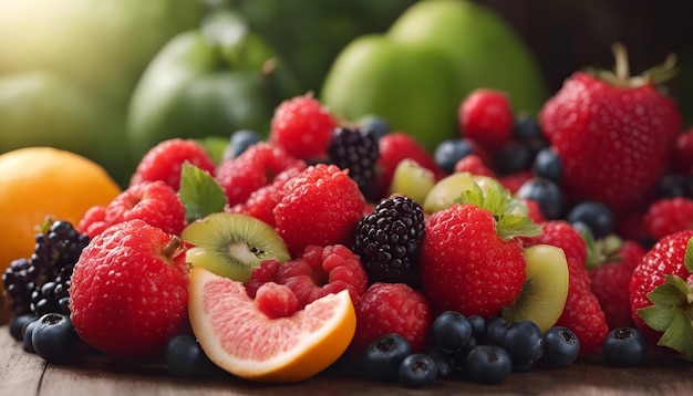 Mezcla de frutas y bayas frescas en una mesa de madera, vista de cerca