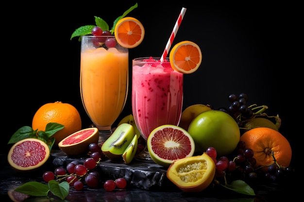 Mezcla de frutas exóticas a sorbos de jugo de frutas casero