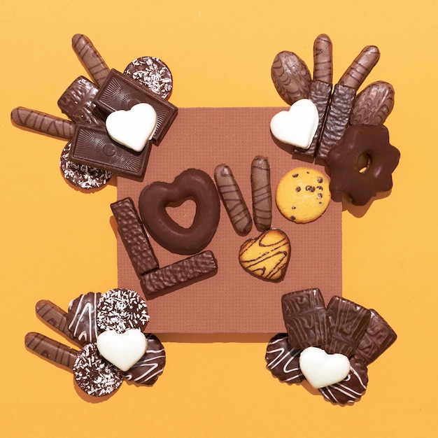 Mezcla de galletas de chocolate y marco Tiempo de vacaciones invierno celebración de navidad fiesta tiempo presente concepto Flat lay maqueta banner Choco lover concept