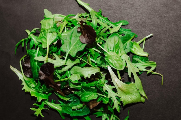 Mezcla de hojas de lechuga de diferentes tipos en mesa negra