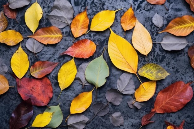 Mezcla de hojas de otoño contra una superficie de piedra