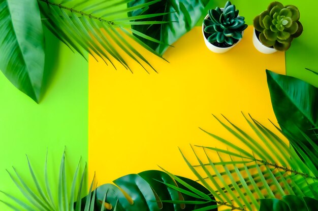 Mezcla de hojas tropicales en fondos verdes y amarillos lugar para el texto