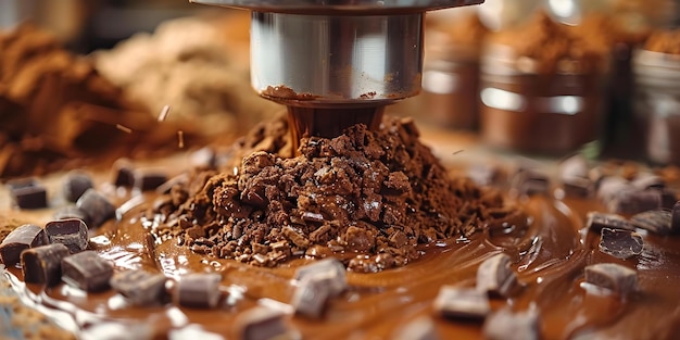 Mezcla de masa marrón con harina de cacao de alta calidad en un mezclador industrial en una planta de confitería Concepto Producción de confiterías Mezcla de harina de cocoa mezcladora industrial Preparación de harina marrón