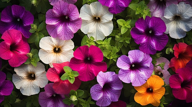 Una mezcla de petunias multifloras que florecen en el jardín de flores