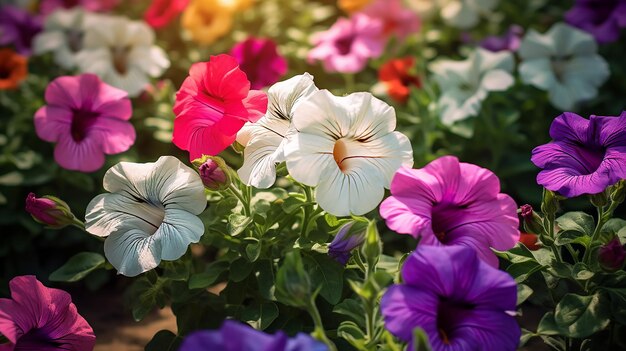 Una mezcla de petunias multifloras que florecen en el lecho de flores